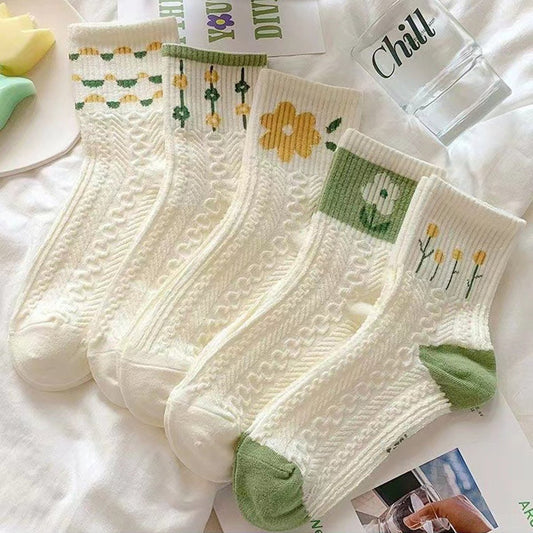 Women’s Floral Cotton Socks – 5 Pairs US Size 6–10 One Size Fits