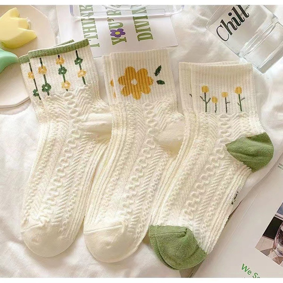 Women’s Floral Cotton Socks – 5 Pairs US Size 6–10 One Size Fits