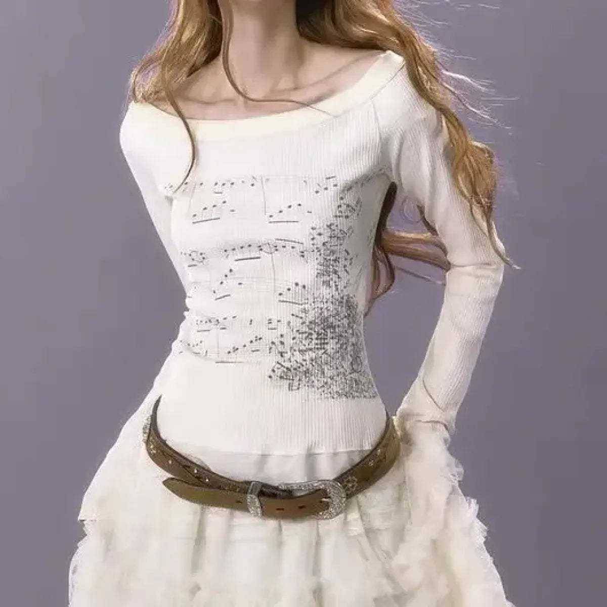 Y2K Aesthetic Long Sleeve Crop Top – Lace Grunge Print T-Shirt