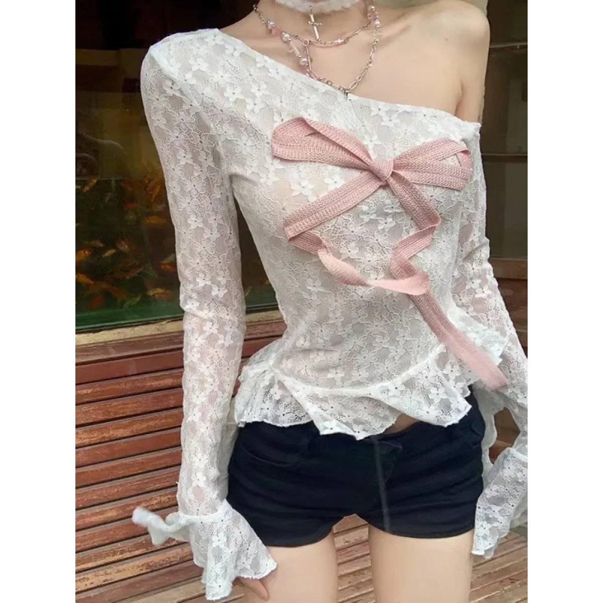 Lace Off-Shoulder Top – Y2K Bow Sweet Aesthetic