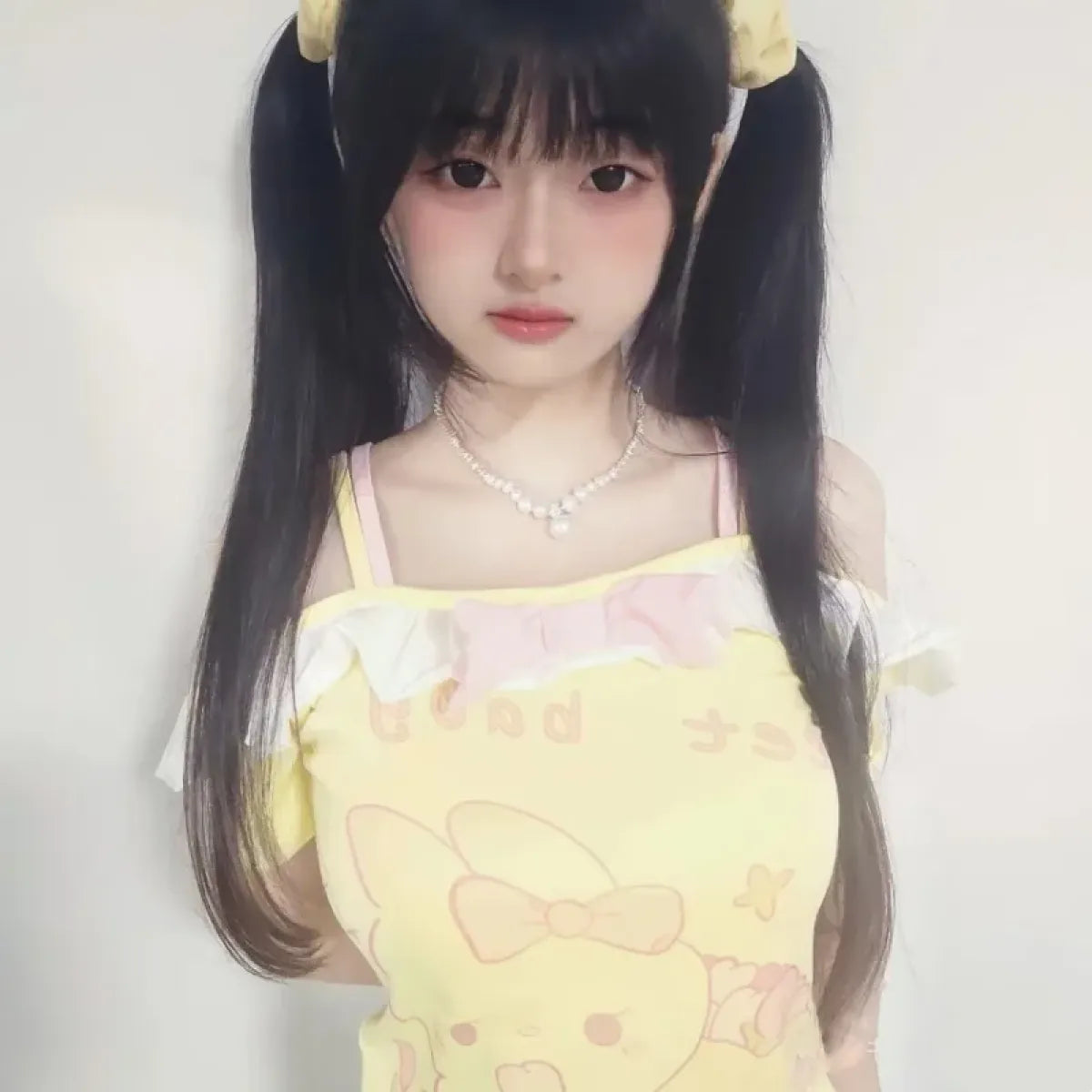 Kawaii Off-Shoulder Top – Ruffle Trim & Bunny Print