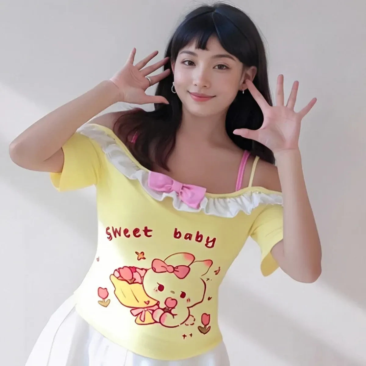 Kawaii Off-Shoulder Top – Ruffle Trim & Bunny Print