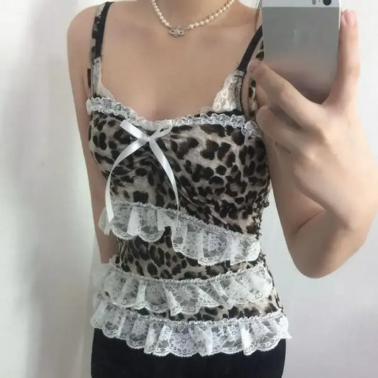 Leopard Print Lace Ruffle Tank Top – Y2K Coquette Cropped Camisole