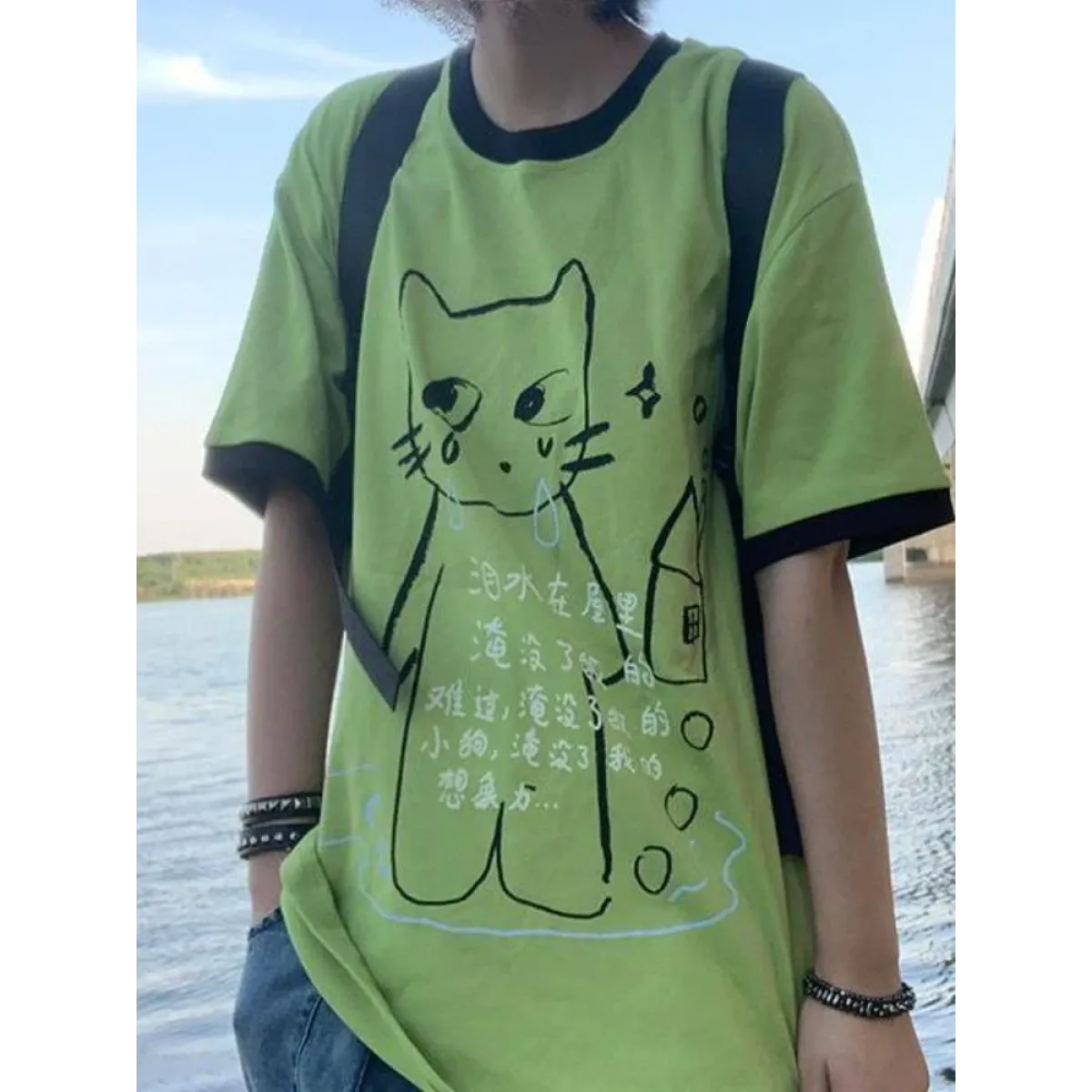 Green Harajuku Cat Print T-Shirt – Y2K Fairycore Grunge Tee