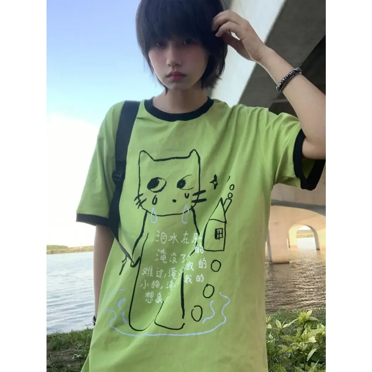 Green Harajuku Cat Print T-Shirt – Y2K Fairycore Grunge Tee