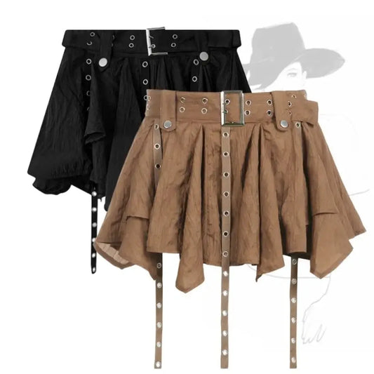 Harajuku Belted Pleated Mini Skirt – Y2K Gothic Aesthetic