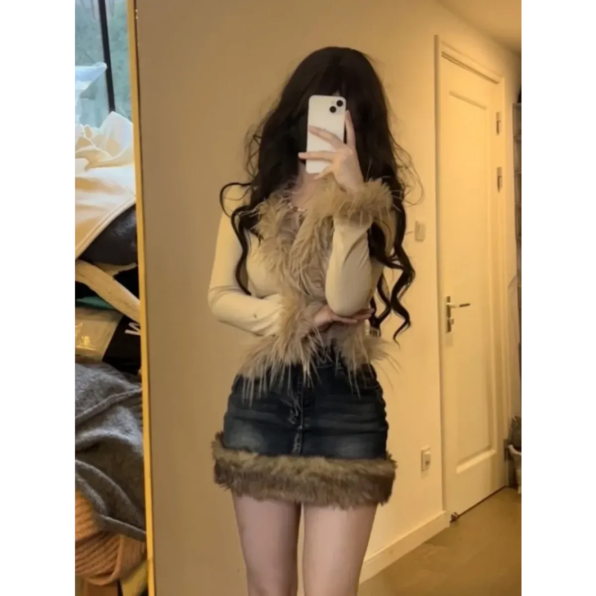 Faux Fur Trim Cardigan – Y2K Gothic Punk Knit Top