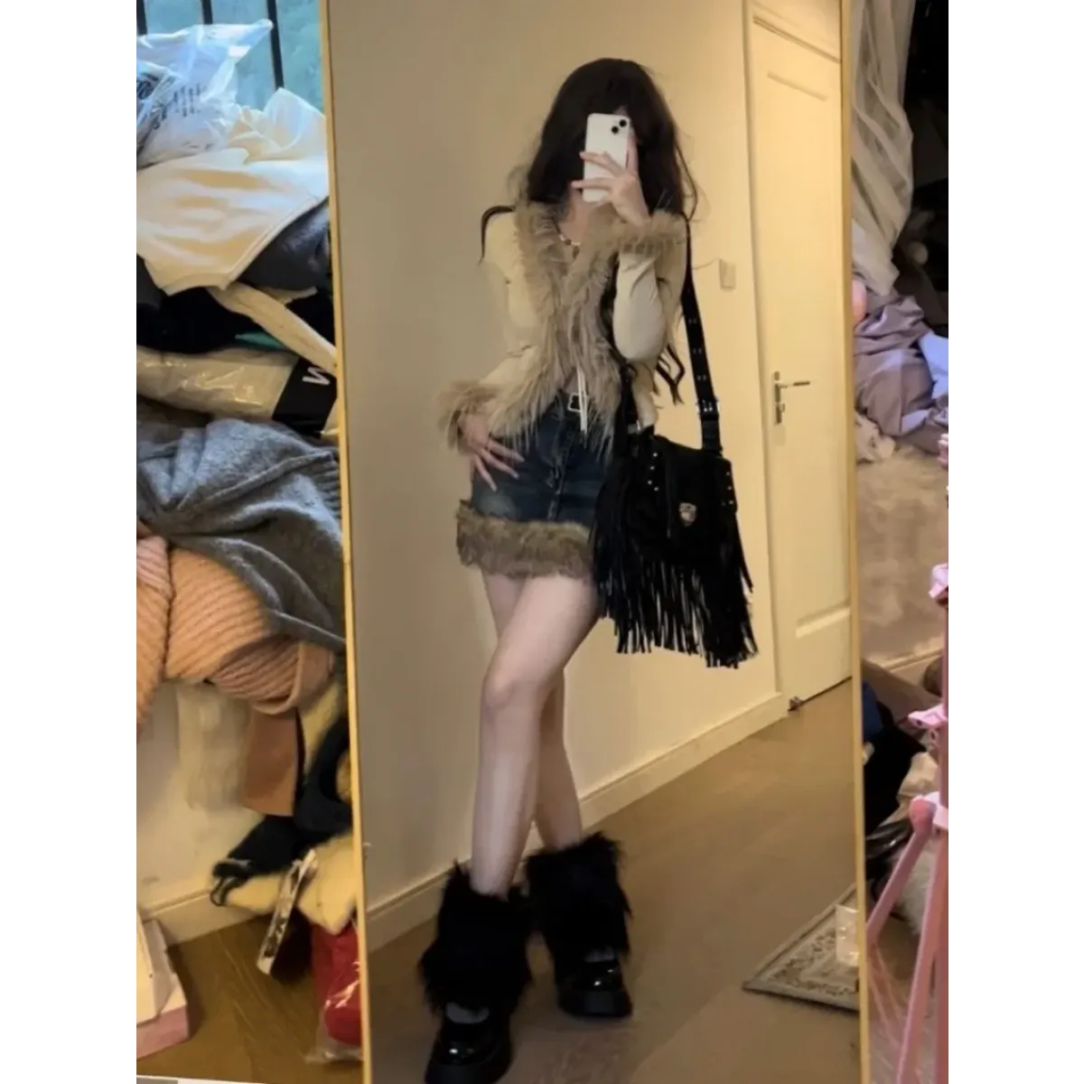 Faux Fur Trim Cardigan – Y2K Gothic Punk Knit Top