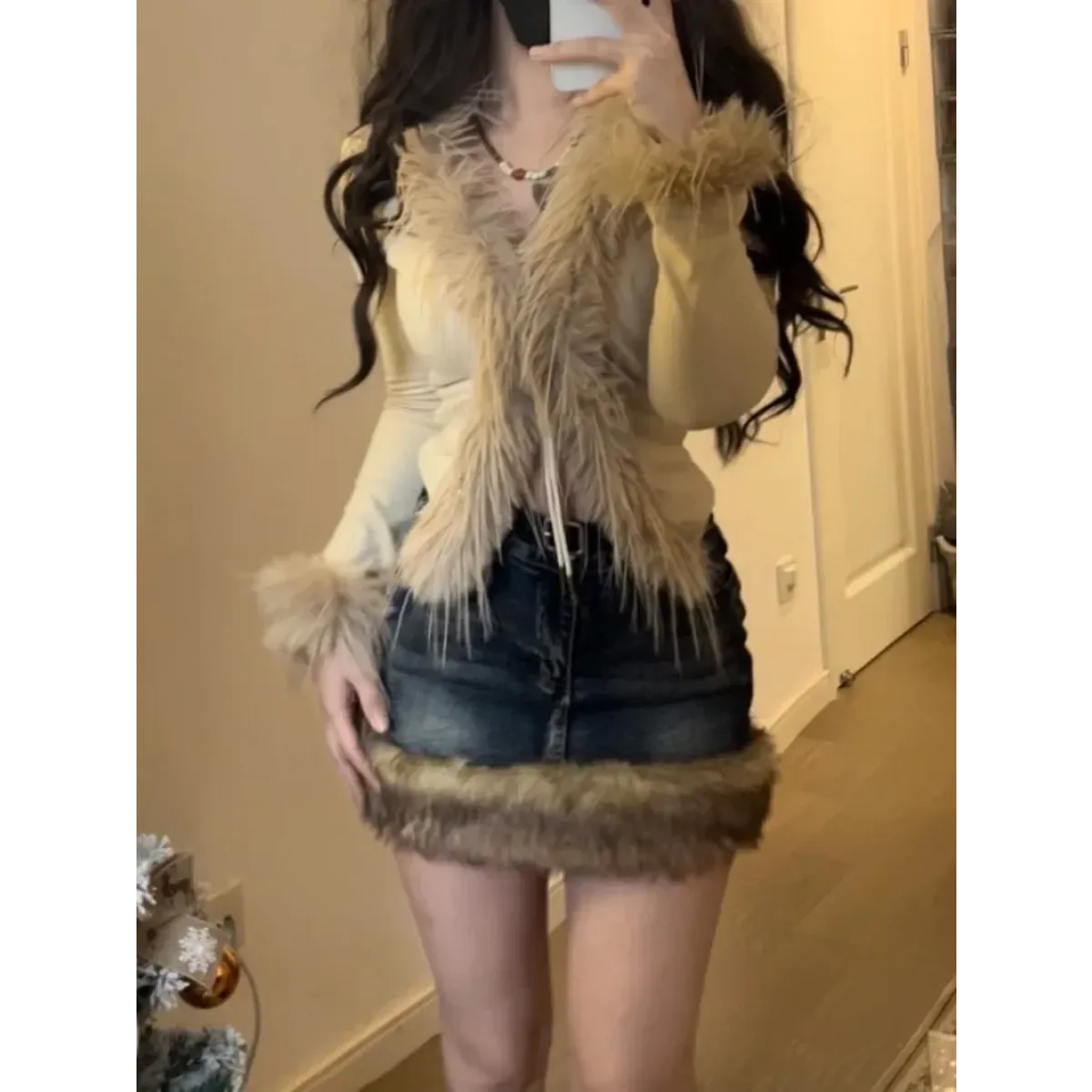 Faux Fur Trim Cardigan – Y2K Gothic Punk Knit Top