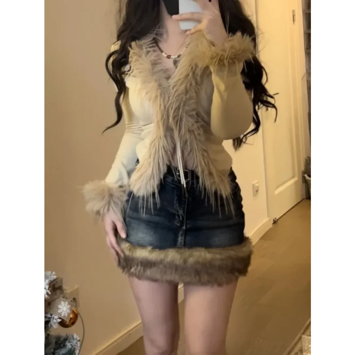 Faux Fur Trim Cardigan – Y2K Gothic Punk Knit Top