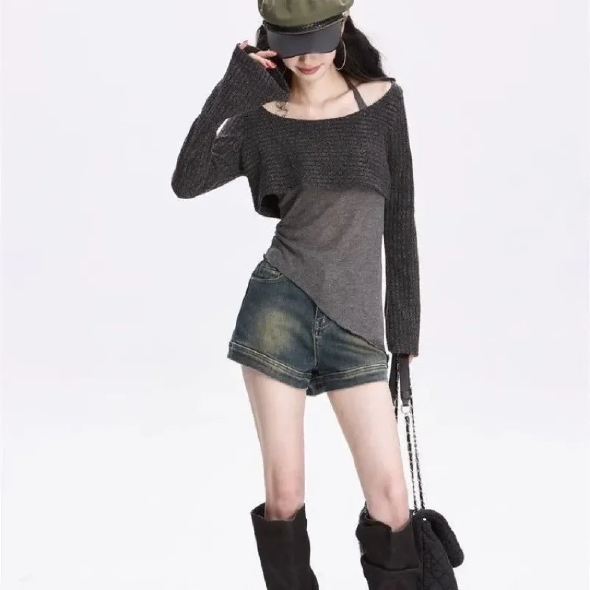 Gray Off-Shoulder Knitted Halter Top – Y2K Gyaru Asymmetric Crop Tee