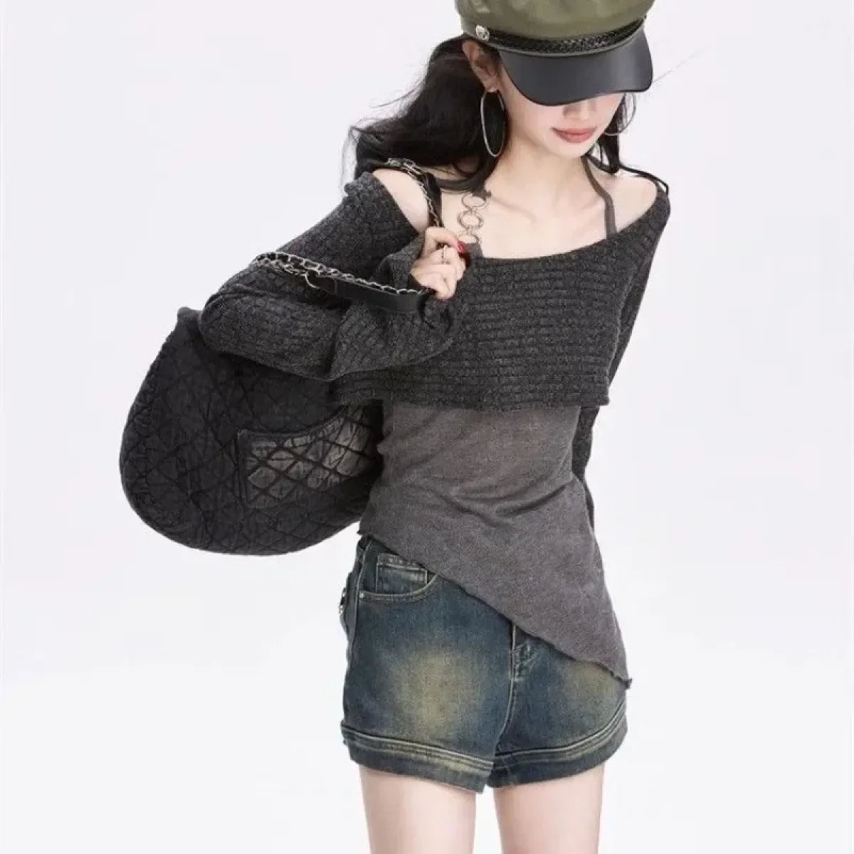 Gray Off-Shoulder Knitted Halter Top – Y2K Gyaru Asymmetric Crop Tee