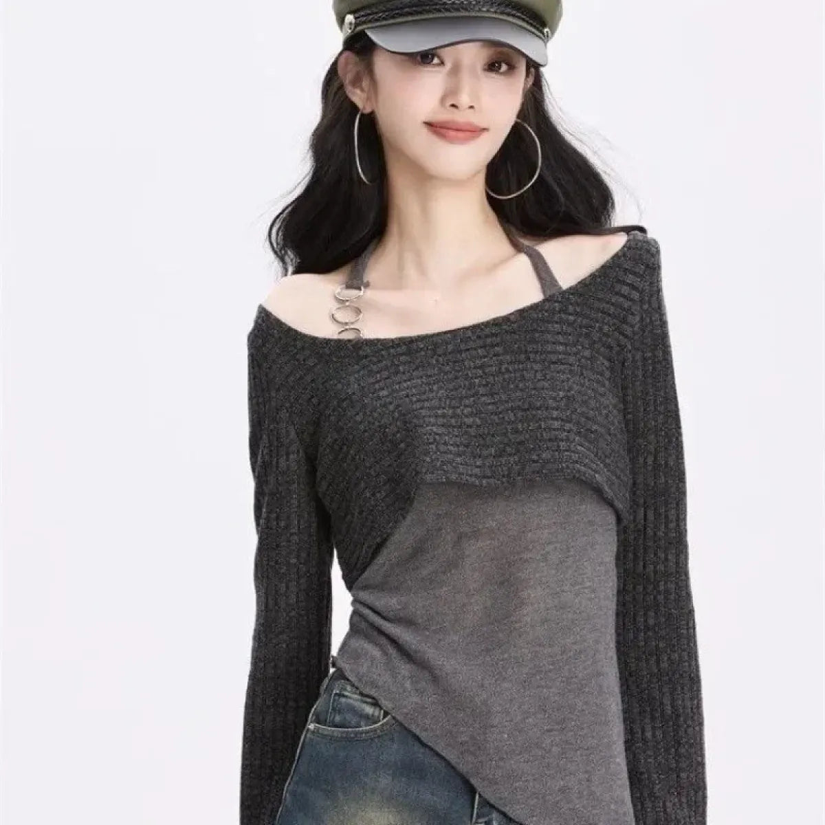 Gray Off-Shoulder Knitted Halter Top – Y2K Gyaru Asymmetric Crop Tee