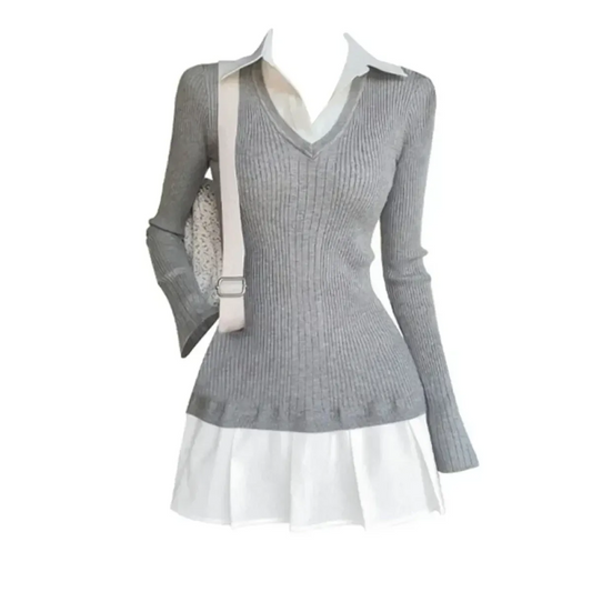 Preppy Knitted Mini Dress – Y2K Gyaru Fake Two-Piece