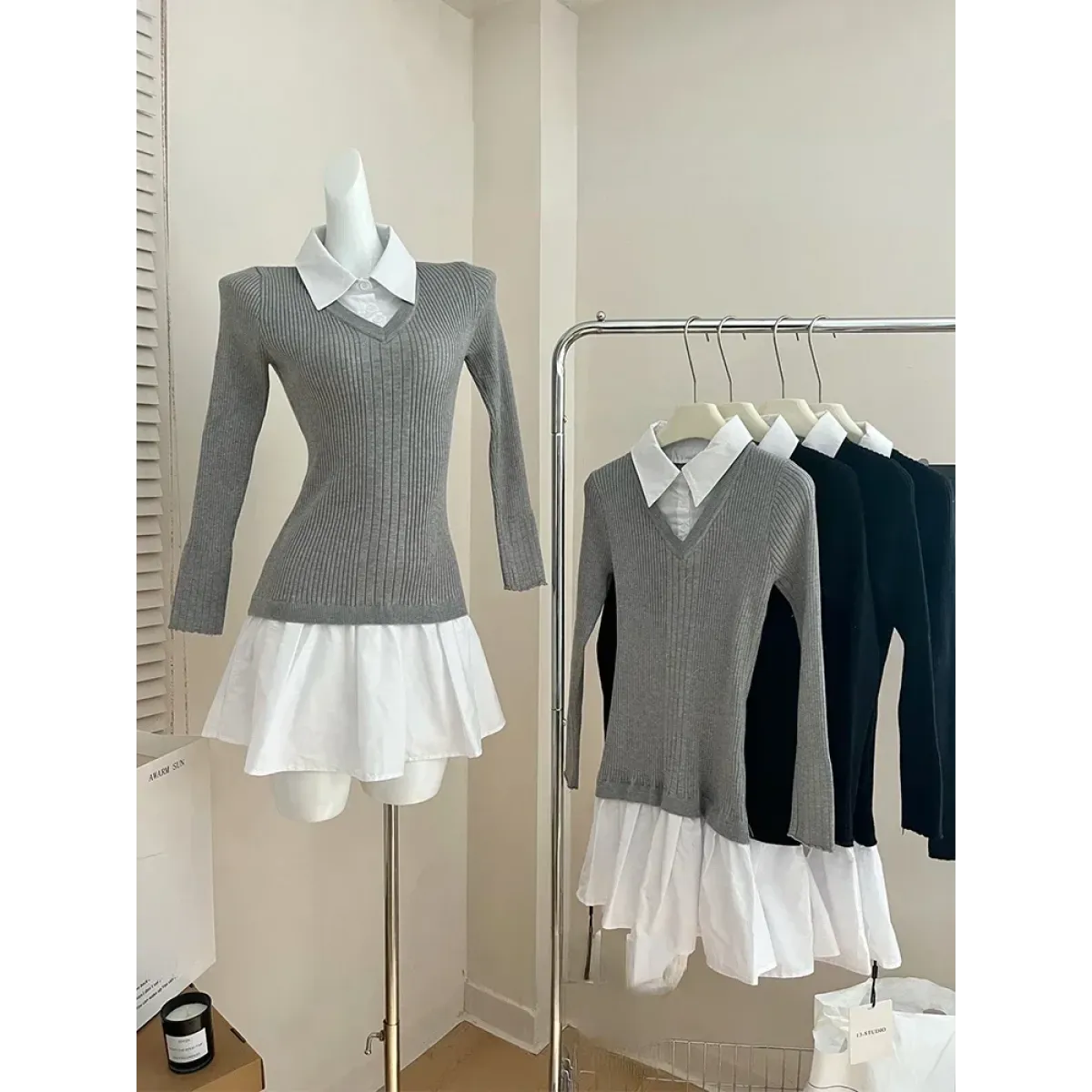 Preppy Knitted Mini Dress – Y2K Gyaru Fake Two-Piece