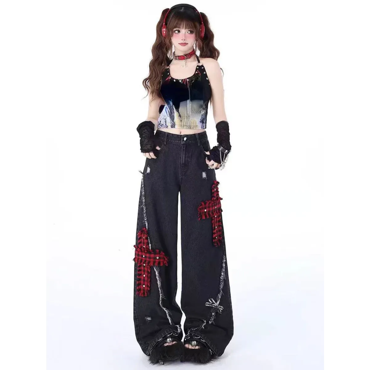 Gothic Patchwork Baggy Jeans – Y2K Harajuku Grunge