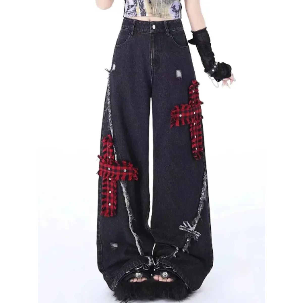 Gothic Patchwork Baggy Jeans – Y2K Harajuku Grunge