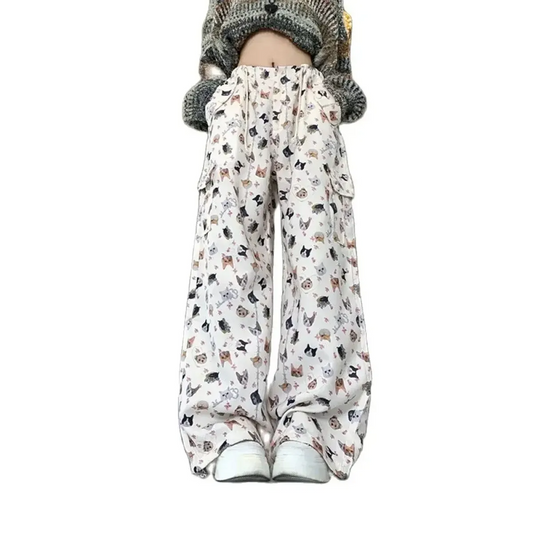 Cat Print Wide-Leg Pants – Y2K Harajuku Streetwear