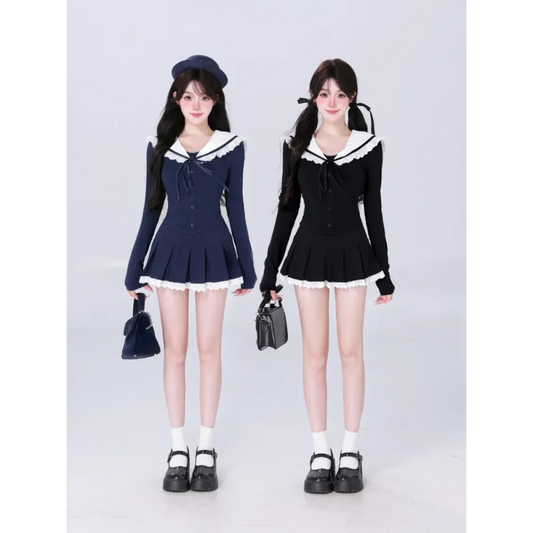 Preppy Knit Top and Mini Skirt Set – Y2K Korean Uniform Style