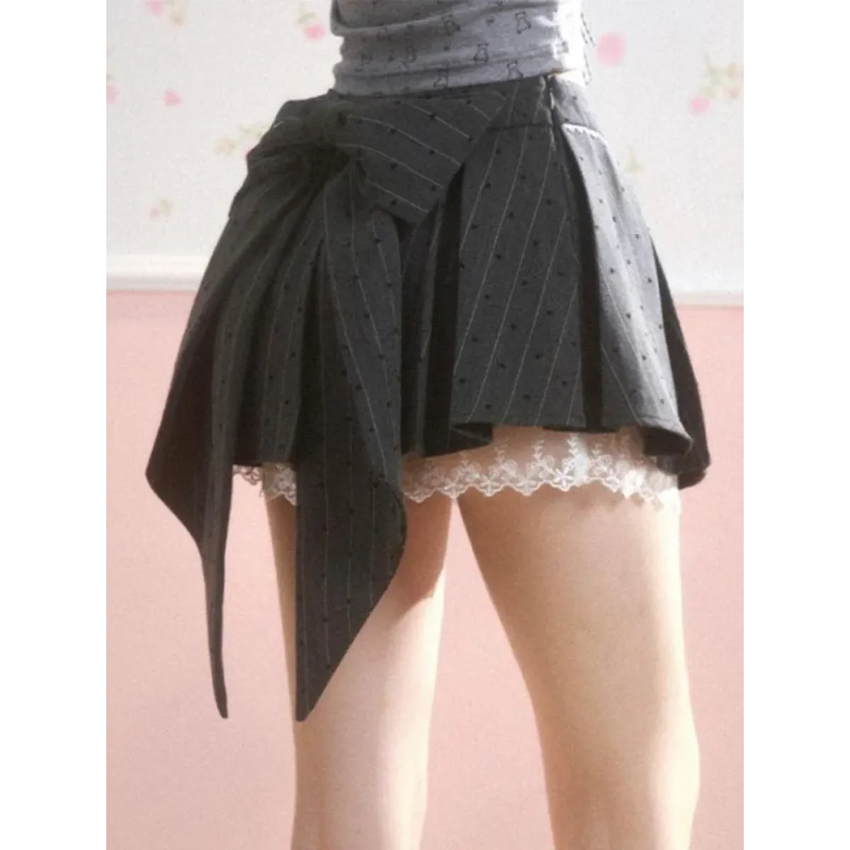 Pleated Mini Skirt – Y2K Lolita Bow Lace Patchwork