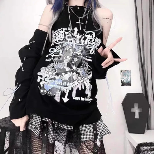 Off-Shoulder Gothic Harajuku Shirt – Y2K Punk Aesthetic