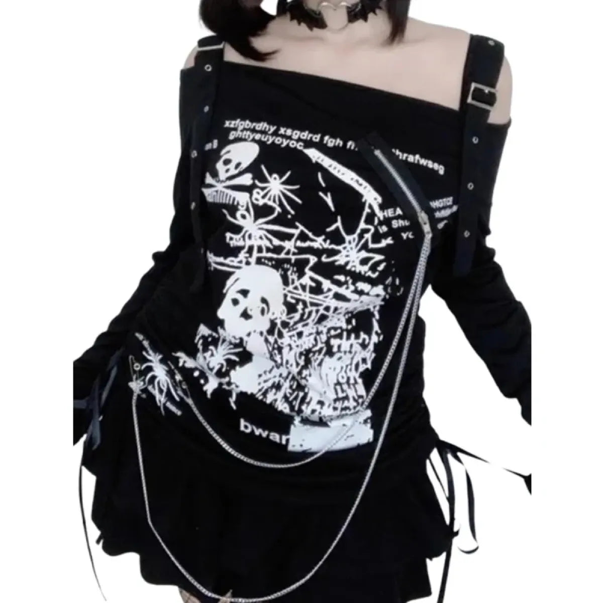 Gothic Punk Off-Shoulder Top – Y2K Skull Print Tee