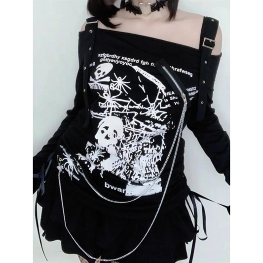 Gothic Punk Off-Shoulder Top – Y2K Skull Print Tee
