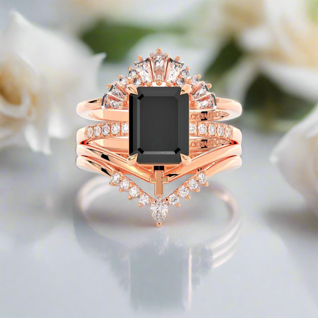 You Are Worth It- Black Emerald Cut Diamond Gothic Promise Ring Set