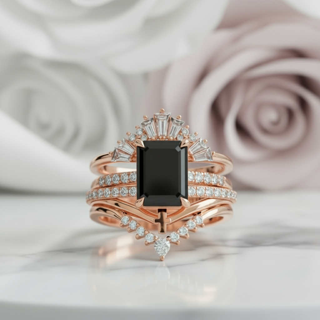 You Are Worth It- Black Emerald Cut Diamond Gothic Promise Ring Set