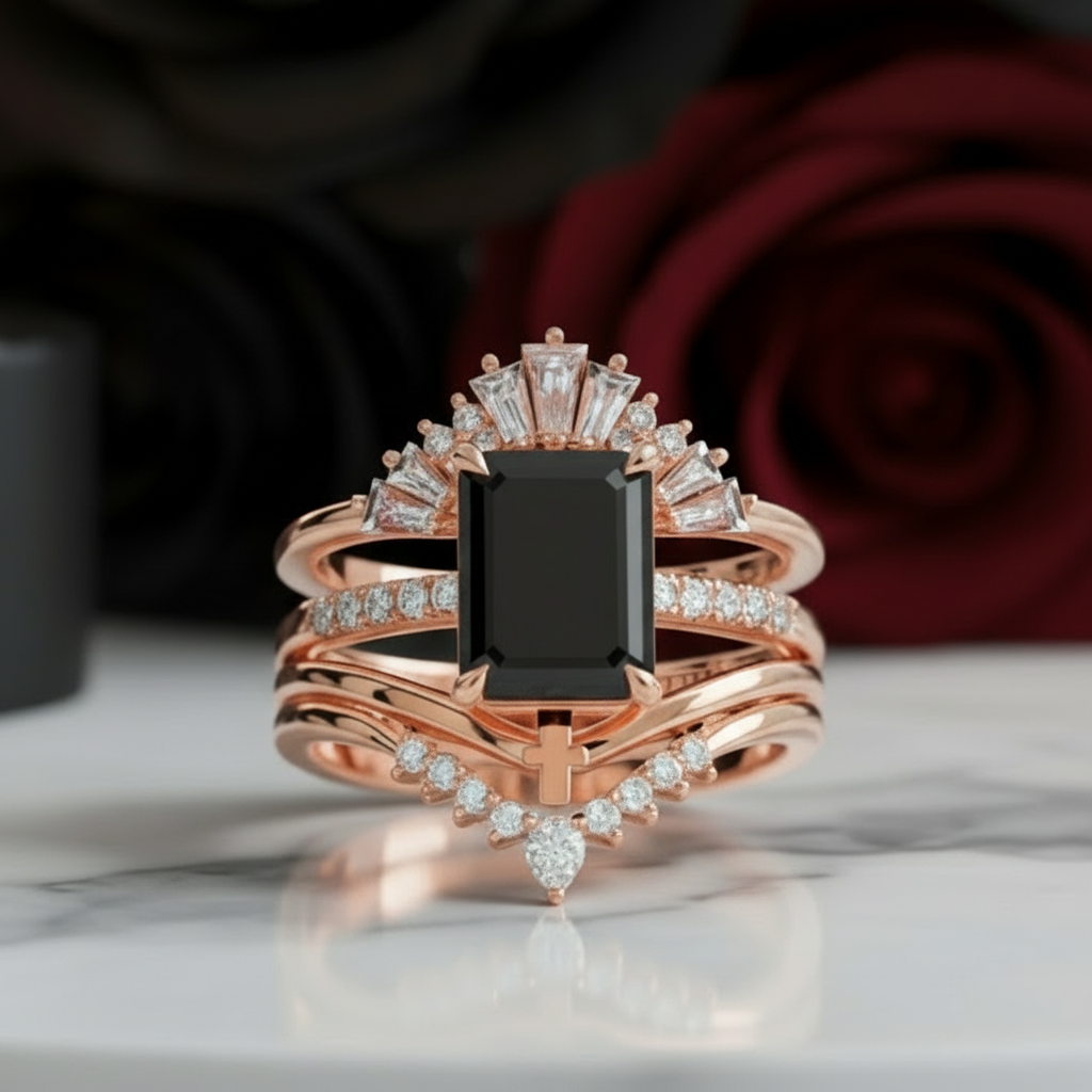 You Are Worth It- Black Emerald Cut Diamond Gothic Promise Ring Set