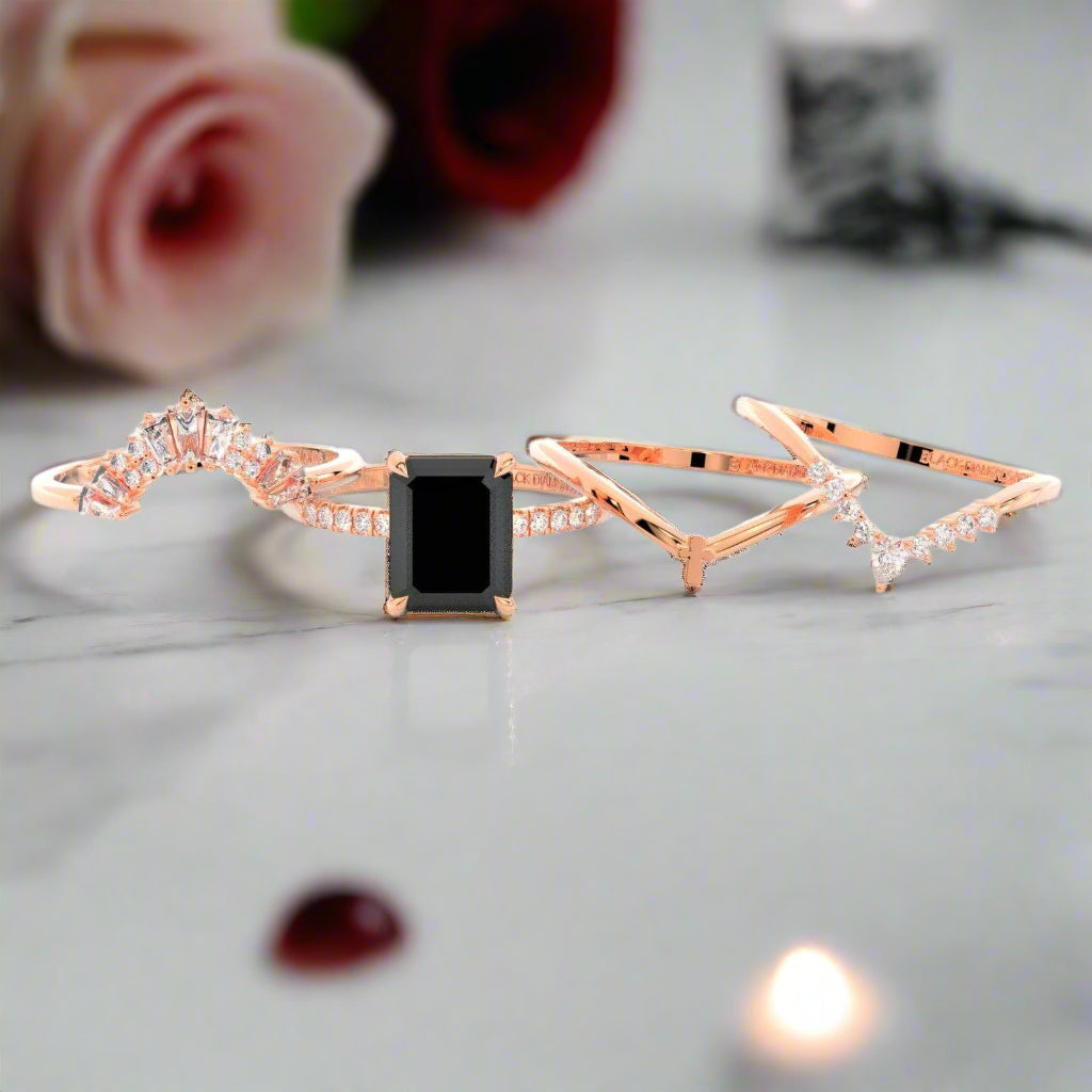 You Are Worth It- Black Emerald Cut Diamond Gothic Promise Ring Set
