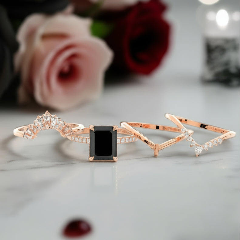 You Are Worth It- Black Emerald Cut Diamond Gothic Promise Ring Set