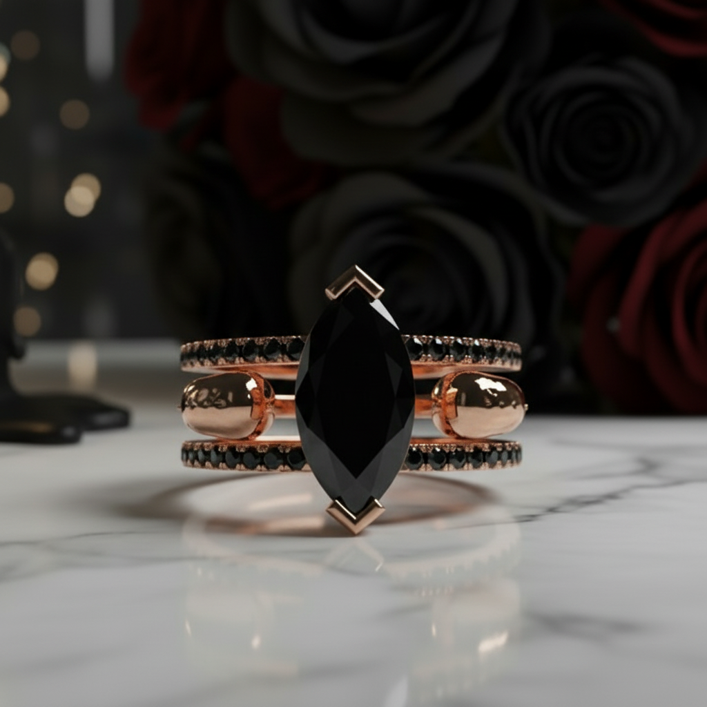 You & Me Rings- 14K Rose Gold Gothic Wedding Rings