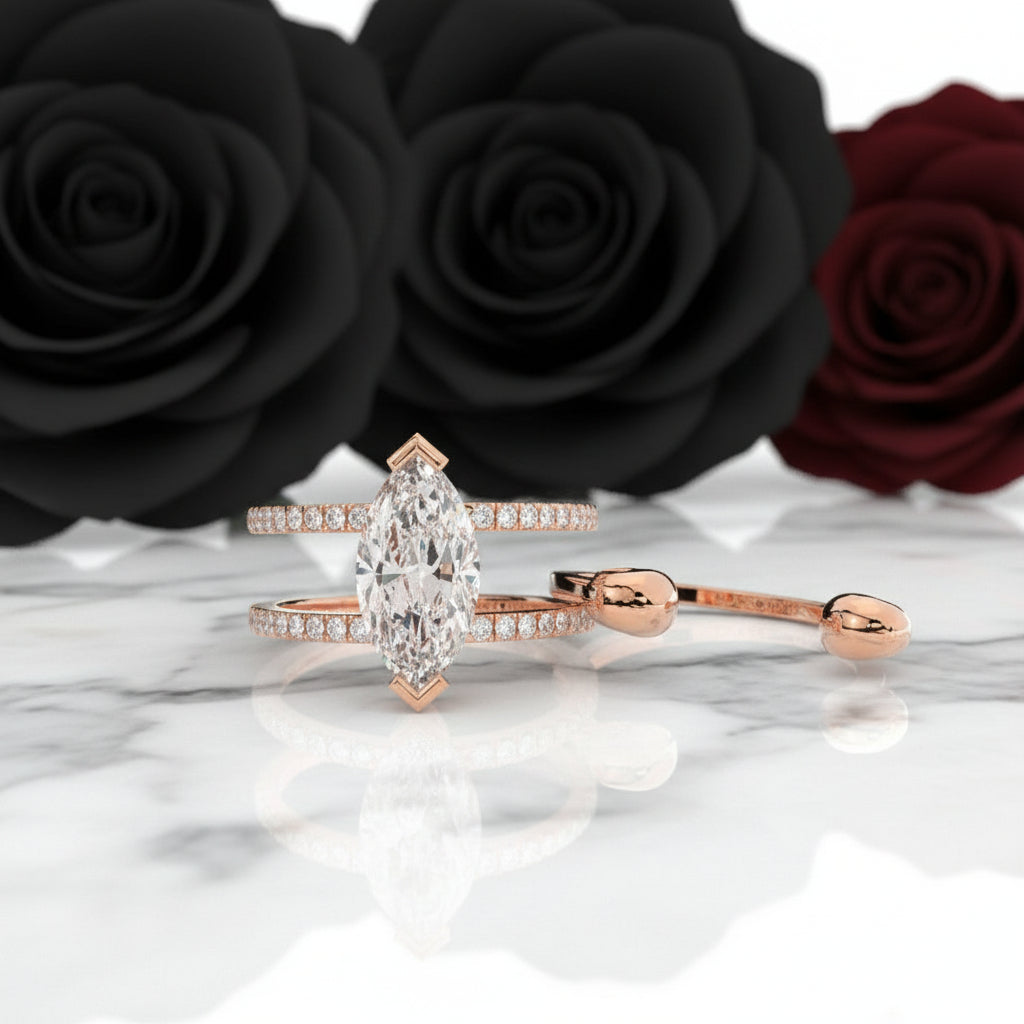 You & Me Rings- 14K Rose Gold Gothic Wedding Rings