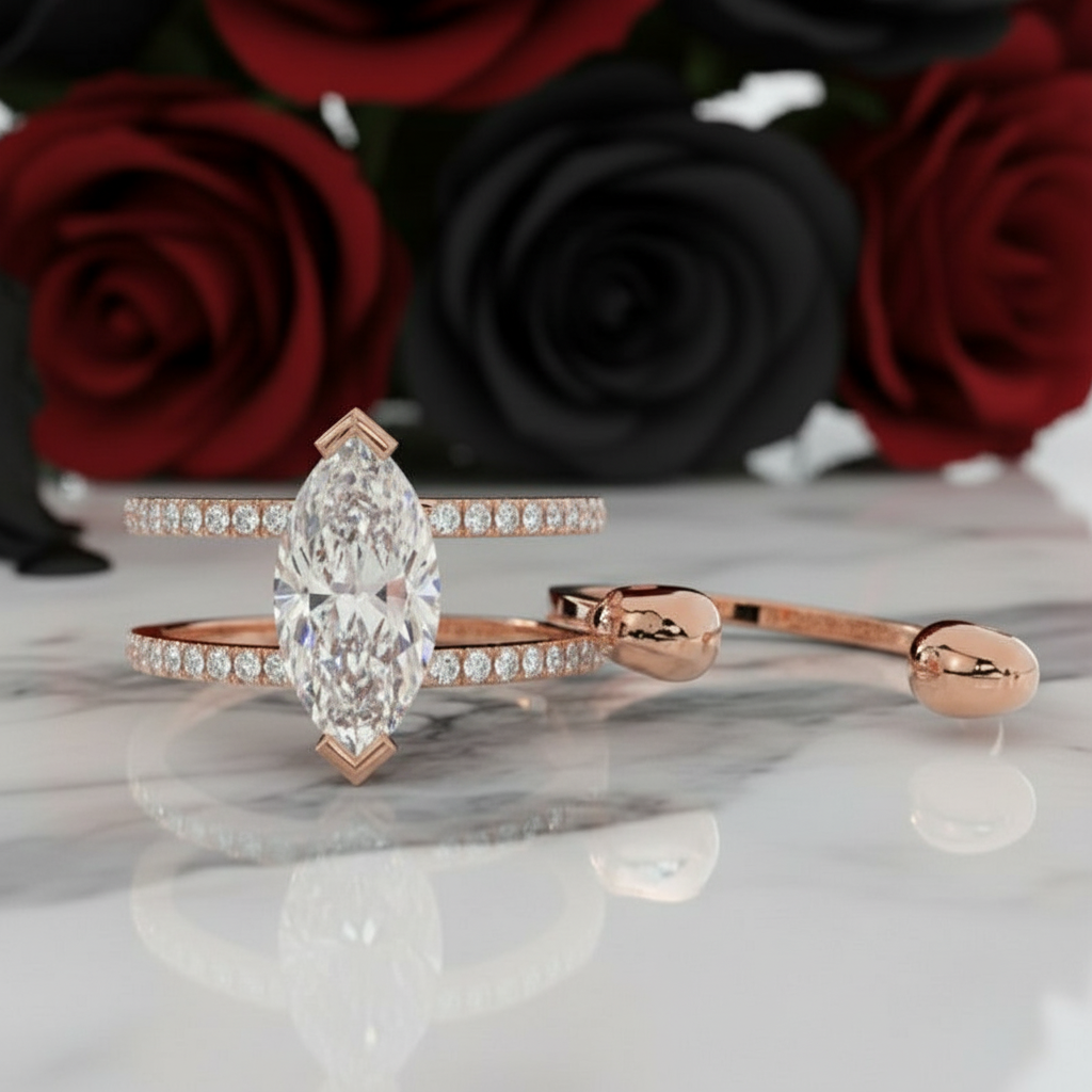 You & Me Rings- 14K Rose Gold Gothic Wedding Rings