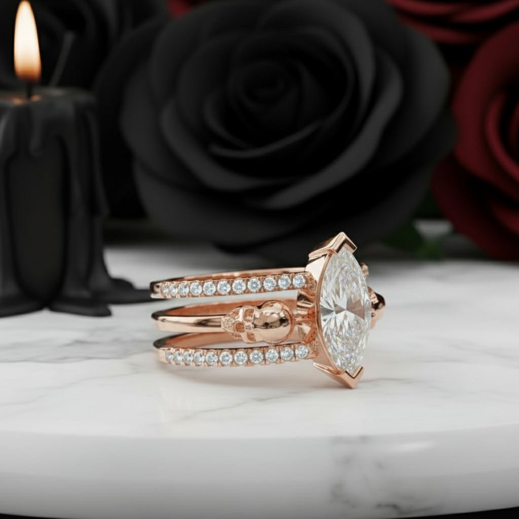 You & Me Rings- 14K Rose Gold Gothic Wedding Rings