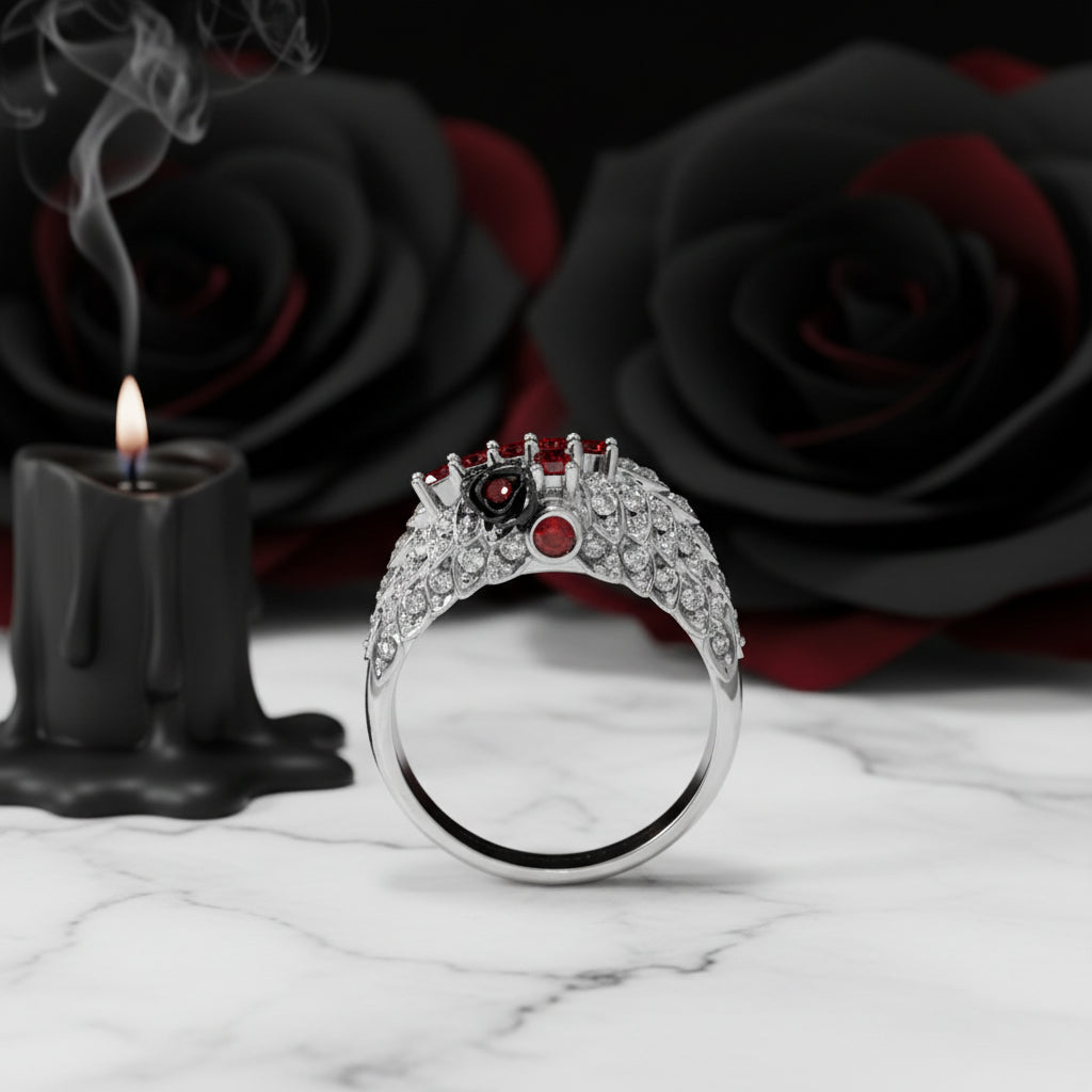 You're My Life- 14K Gold Skull, Cross Black Rose Diamond Gothic Promise Ring