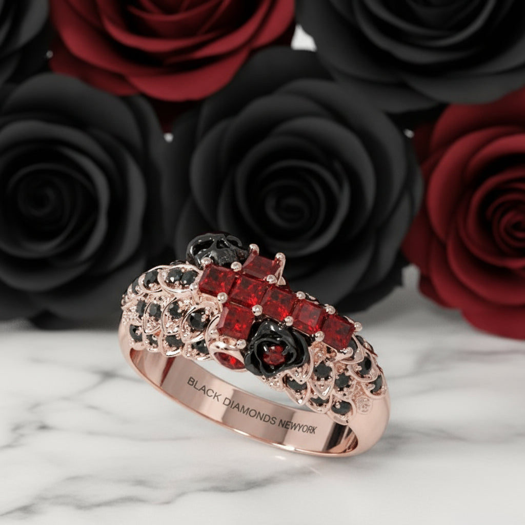 You're My Life- 14K Gold Skull, Cross Black Rose Diamond Gothic Promise Ring