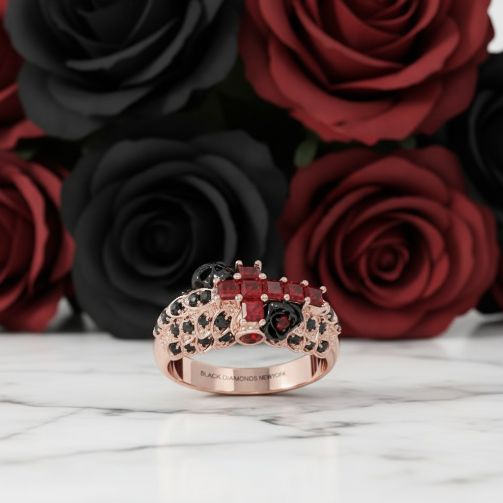 You're My Life- 14K Gold Skull, Cross Black Rose Diamond Gothic Promise Ring
