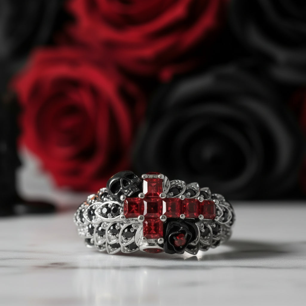 You're My Life- 14K Gold Skull, Cross Black Rose Diamond Gothic Promise Ring