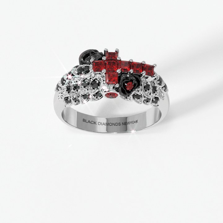 You're My Life- 14K Gold Skull, Cross Black Rose EVN™ and Diamond Gothic Promise Ring