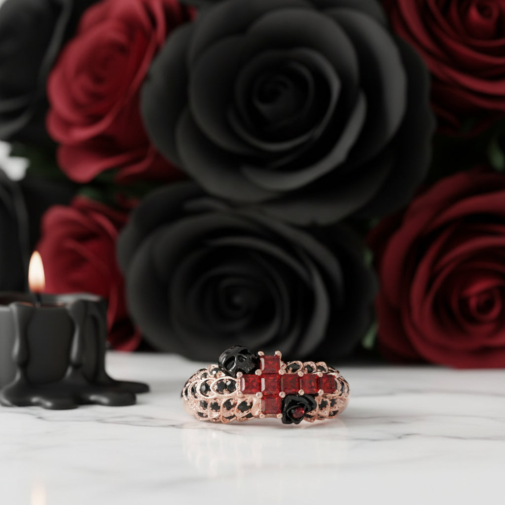 You're My Life- 14K Gold Skull, Cross Black Rose Diamond Gothic Promise Ring