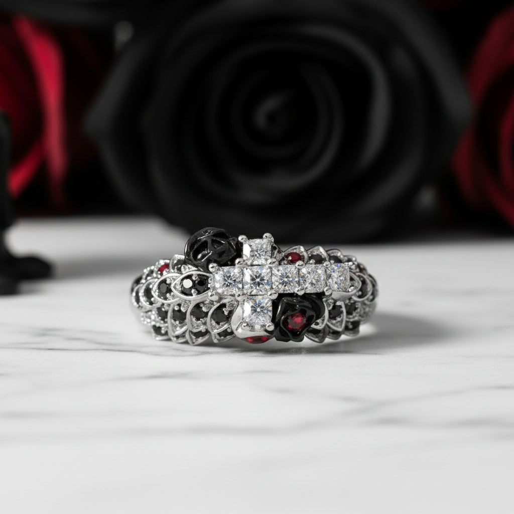 You're My Life- 14K Gold Skull, Cross Black Rose Diamond Gothic Promise Ring