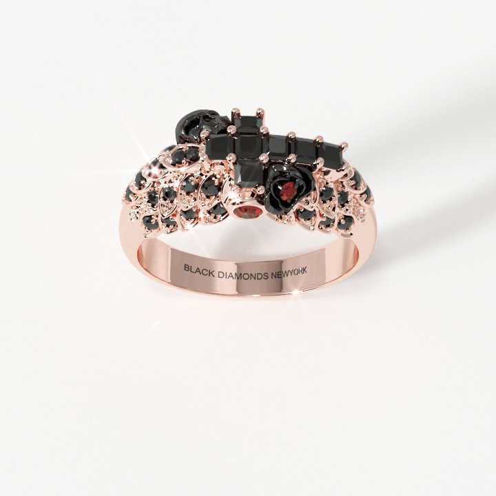 You're My Life- 14K Gold Skull, Cross Black Rose EVN™ and Diamond Gothic Promise Ring