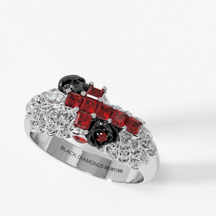 You're My Life- 14K Gold Skull, Cross Black Rose EVN™ and Diamond Gothic Promise Ring