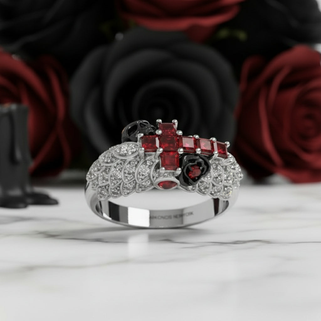 You're My Life- 14K Gold Skull, Cross Black Rose Diamond Gothic Promise Ring