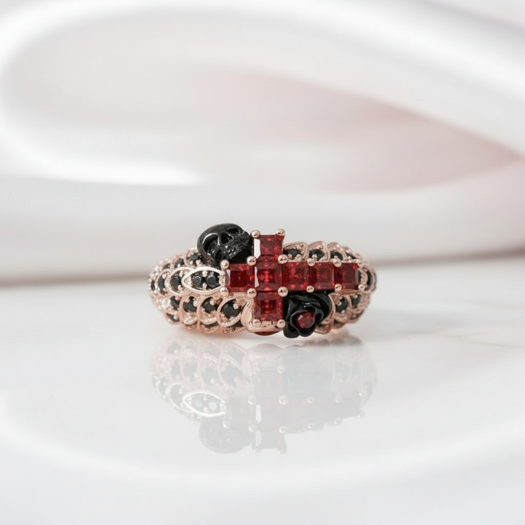 You're My Life- 14K Gold Skull, Cross Black Rose Diamond Gothic Promise Ring